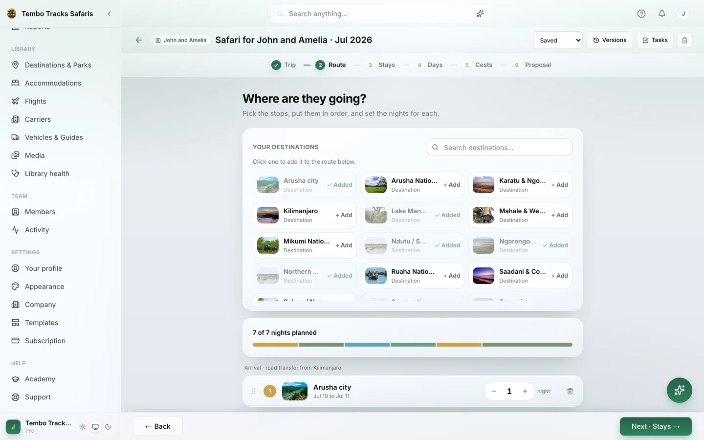 The Route step of the Itero Desk itinerary builder