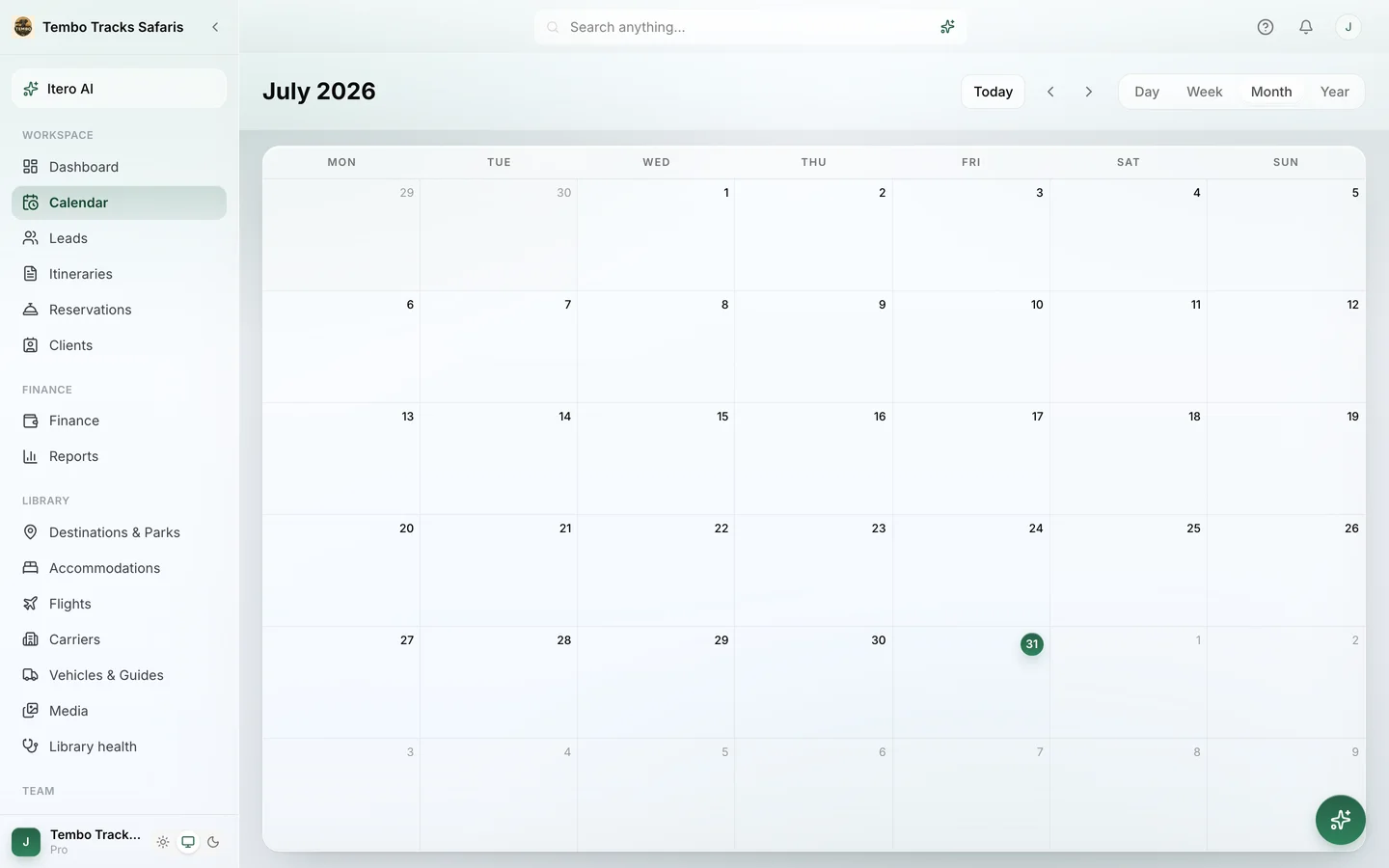 The trip calendar in Itero Desk