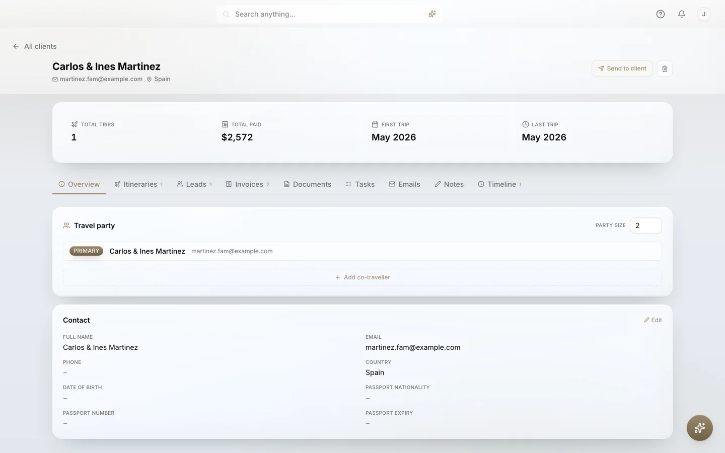 A client record with trip history and documents