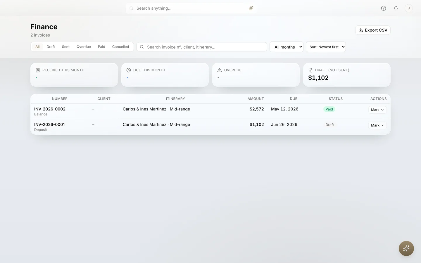 Finance in Itero Desk with invoices generated from itineraries
