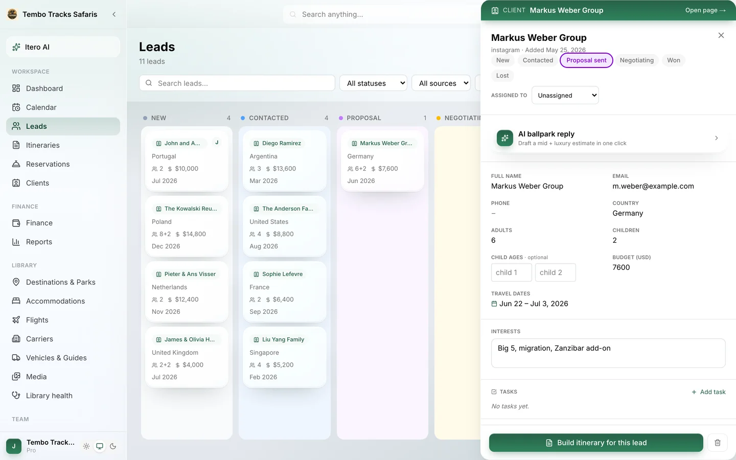 A lead in Itero Desk with the AI Ballpark panel, party details and budget