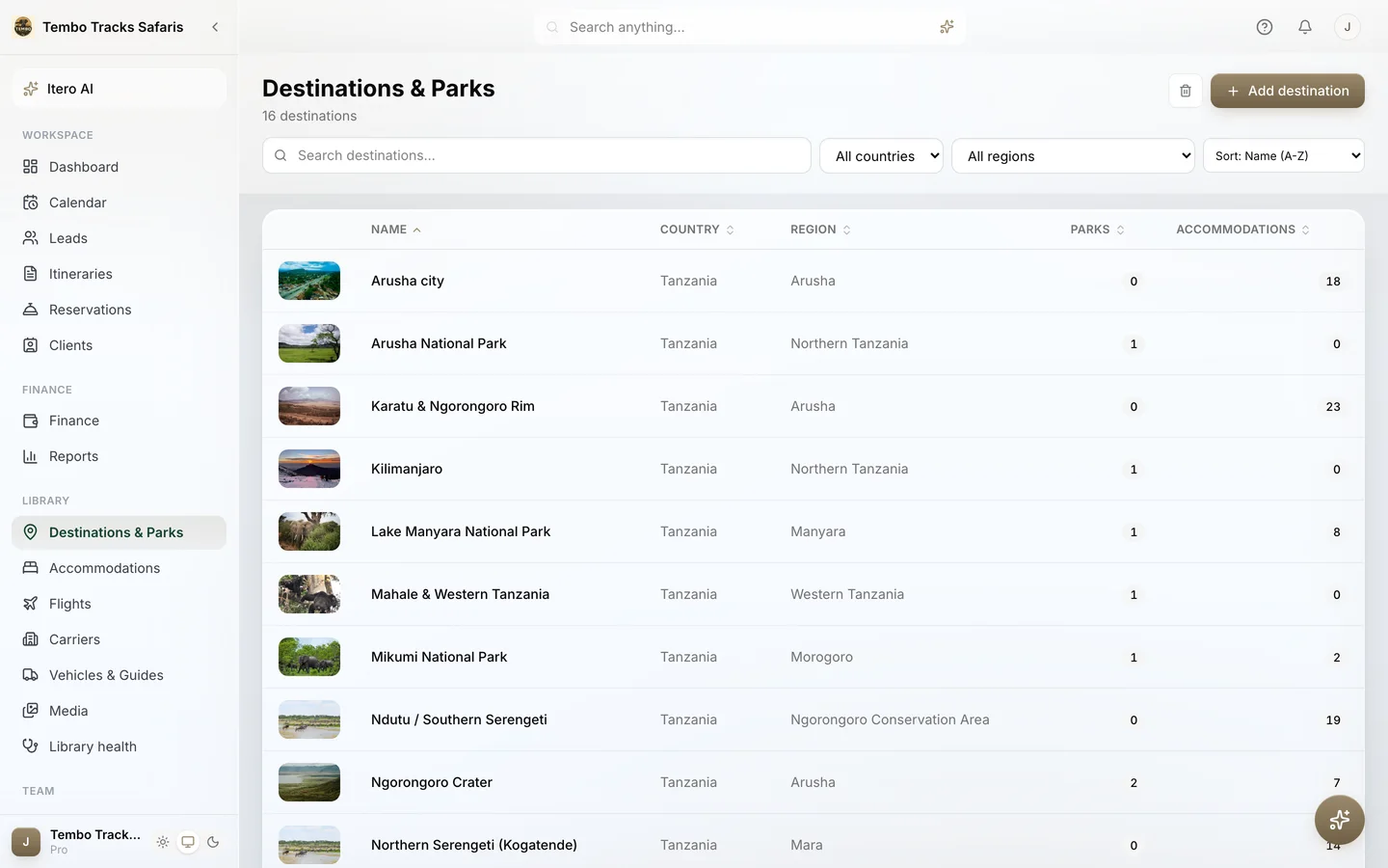 The Library's destinations and parks list