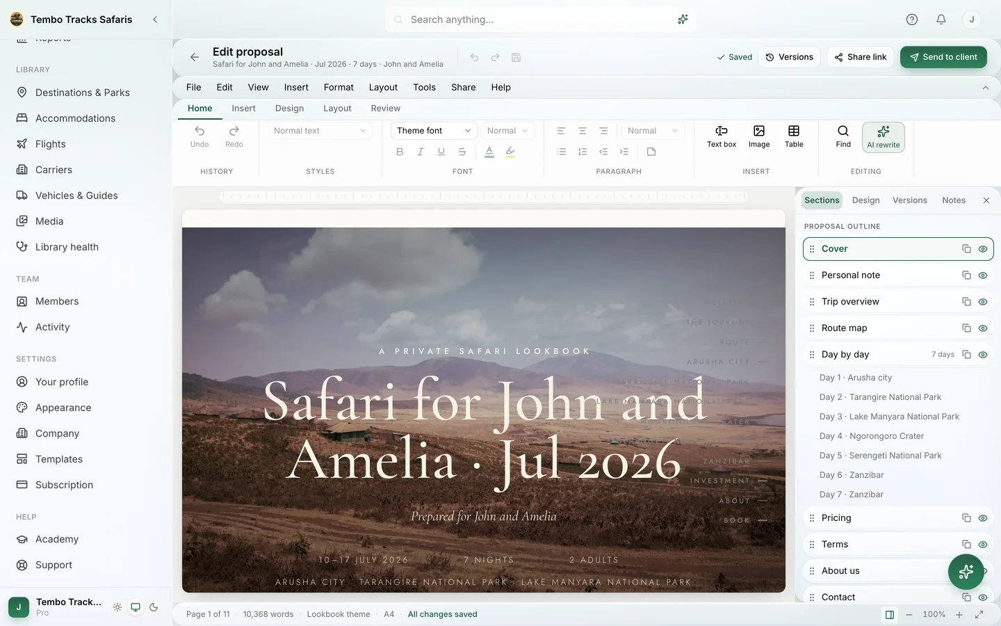 The built-in proposal editor in Itero Desk with its menu bar, ribbon and section outline