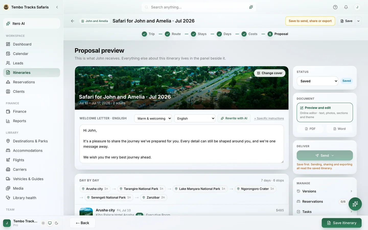 The Proposal step in Itero Desk: the client document preview with a multilingual welcome letter