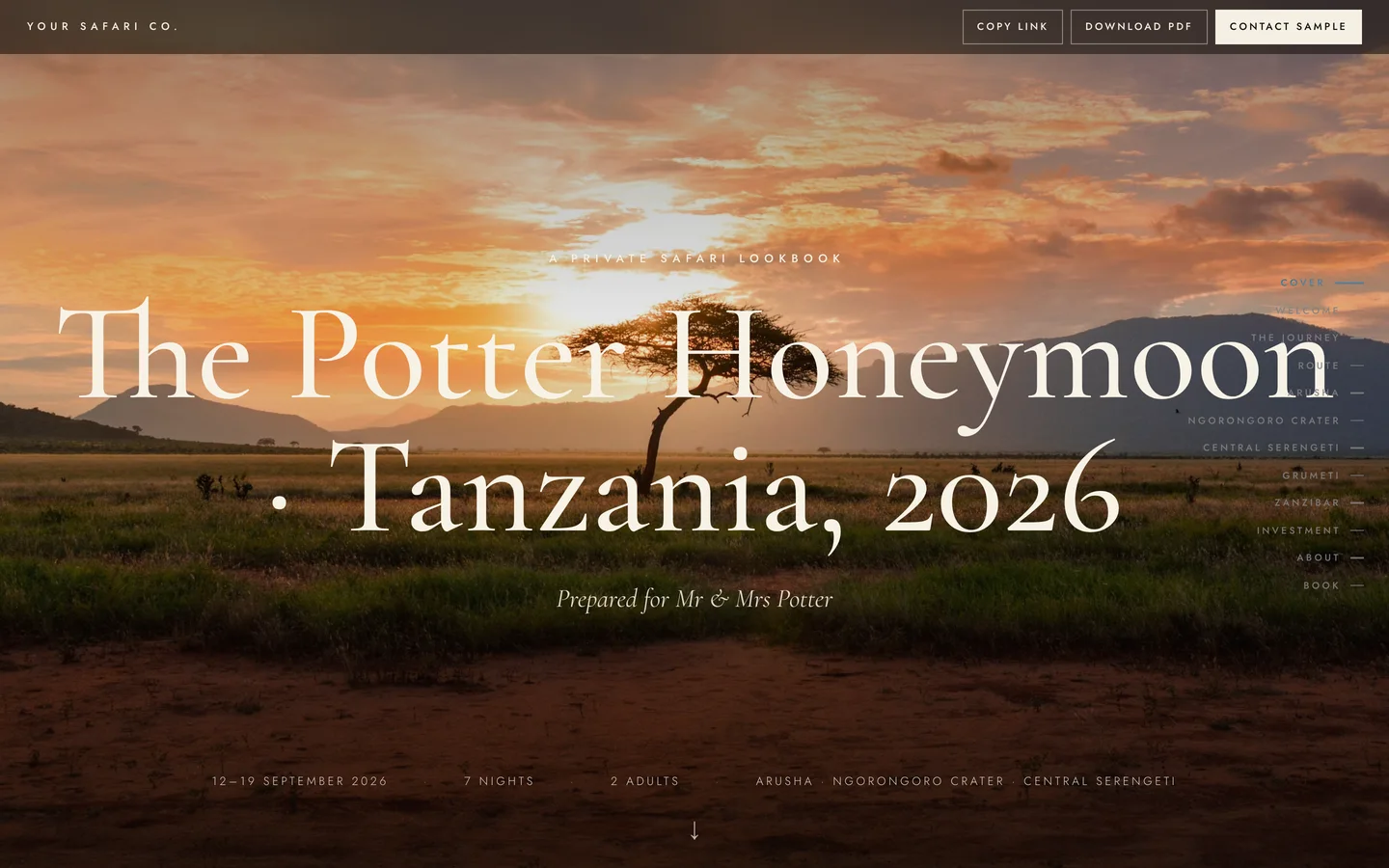 A safari proposal cover in the Lookbook template by Itero Desk